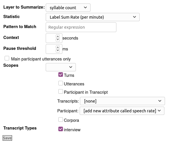 Speech Rate configuration page: Layer to Summarize is 'syllable count' and Statistic is 'Label Sum Rate (per minute)'