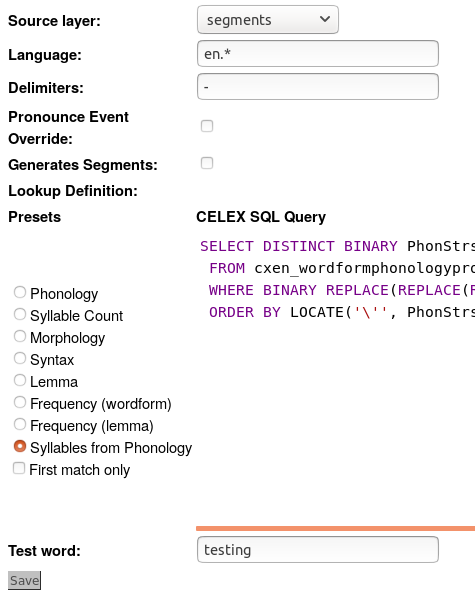 Syllables layer configuration