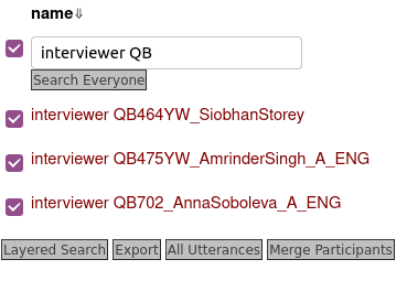 Example where 'interviewer QB' identifies 'interviewer QB464YW_SiobhanStorey', 'interviewer QB475YW_AmrinderSingh_A_ENG', and 'interviewer QB702_AnnaSoboleva_A_ENG', with the Merge Participants button below