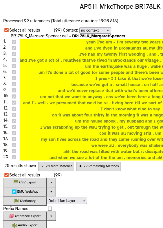 A list of utterances highlighted in yellow, each utterance with a ticked checkbox. Below are buttons: CSV Export, EMU WebApp, Dictionary, Utterance Export, and Audio Export
