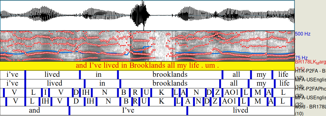 Praat's representation of the alignments, with two word alignment tiers called HTK-P2FA and MFA-USEnglish, then two phone alignment tiers called HTK-P2FAPhone and MFA-USEnglishPhone, and finally a word tier below with evenly-spaced intervals