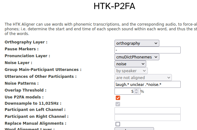 HTK configuration form with Pronunciation Layer = cmuDictPhonemes, and User P2FA models = ticked