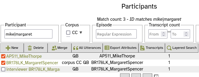 The participants page, with the Participant filtered by the pattern 'mike|margaret', listing AP511_MikeThorpe and BR178LK_MargaretSpencer, who are both ticked. Above, there is a row of buttons including one labelled All Utterances