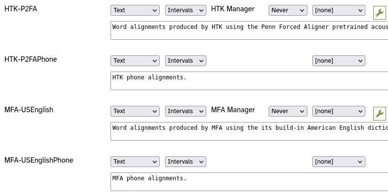 Layers listing in including HTK-P2FA, HTK-P2FAPhone, MFA-USEnglish, and MFA-USEnglishPhone