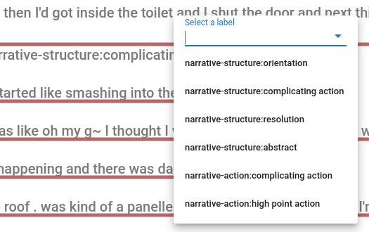 After clicking and dragging the phrase 'then I'd got inside the toilet', a menu appears next to it listing all tags