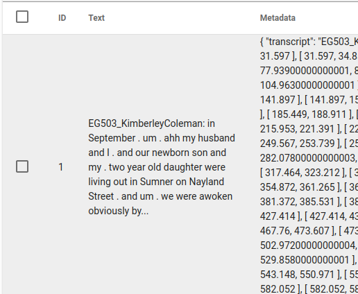 List of texts in the dataset, showing one text with a lot of numeric MetaData.