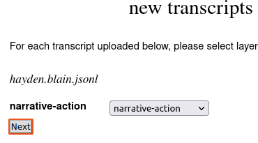The 'hayden.blain.jsonl' file name is shown, with a 'narrative-action' Label prefix, and a dropdown box with the 'narrative-action' LaBB-CAT layer already selected. There's a 'Next' button below.