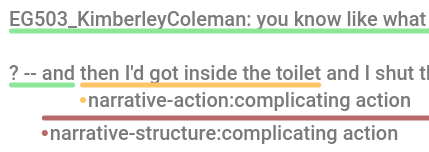 The phrase 'then I'd got inside the toilet' is now tagged as 'narrative-action:complicating action'