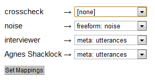 A list of Praat TextGrid tiers, each with a dropdown box with LaBB-CAT layer names. Mappings set are: 'crosscheck' tier → '[none], 'noise' tier →  'noise' layer, 'interviewer' tier → 'utterances' layer, and 'Agnes Shacklock' tier → 'utterances' layer.