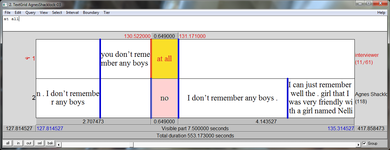 A Praat TextGrid with two tiers, one called 'interviewer' and the other called 'Agnes Shacklock'. Non-empty intervals in each tier contain transcript text, and two non-empty intervals are simultaneous, one in each tier.