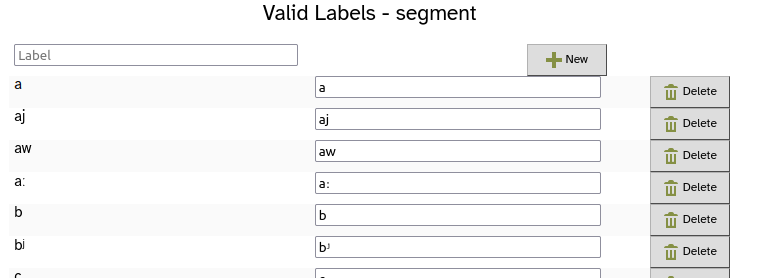 The Valid Labels list is now populated, with each phoneme symbol on a separate line