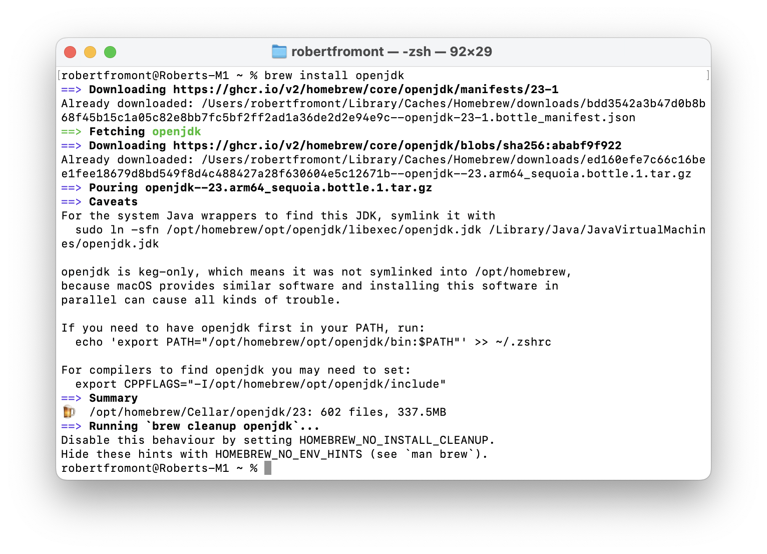 Terminal window after running 'brew install openjdk'