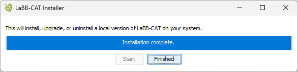 The LaBB-CAT installer with the message 'Installation complete' and a 'Finished' button to close it