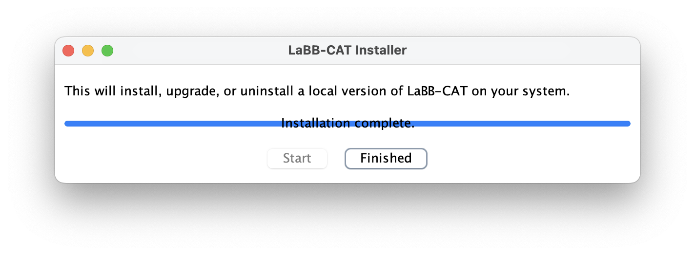 The LaBB-CAT installer with the message 'Installation complete' and a 'Finished' button to close it