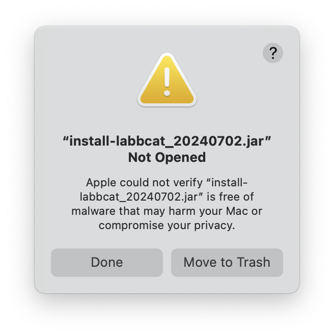 'Apple is not able to verify install-labbcat_yyyymmdd.jar is free from malware...' with buttons: Done and Move to Trash