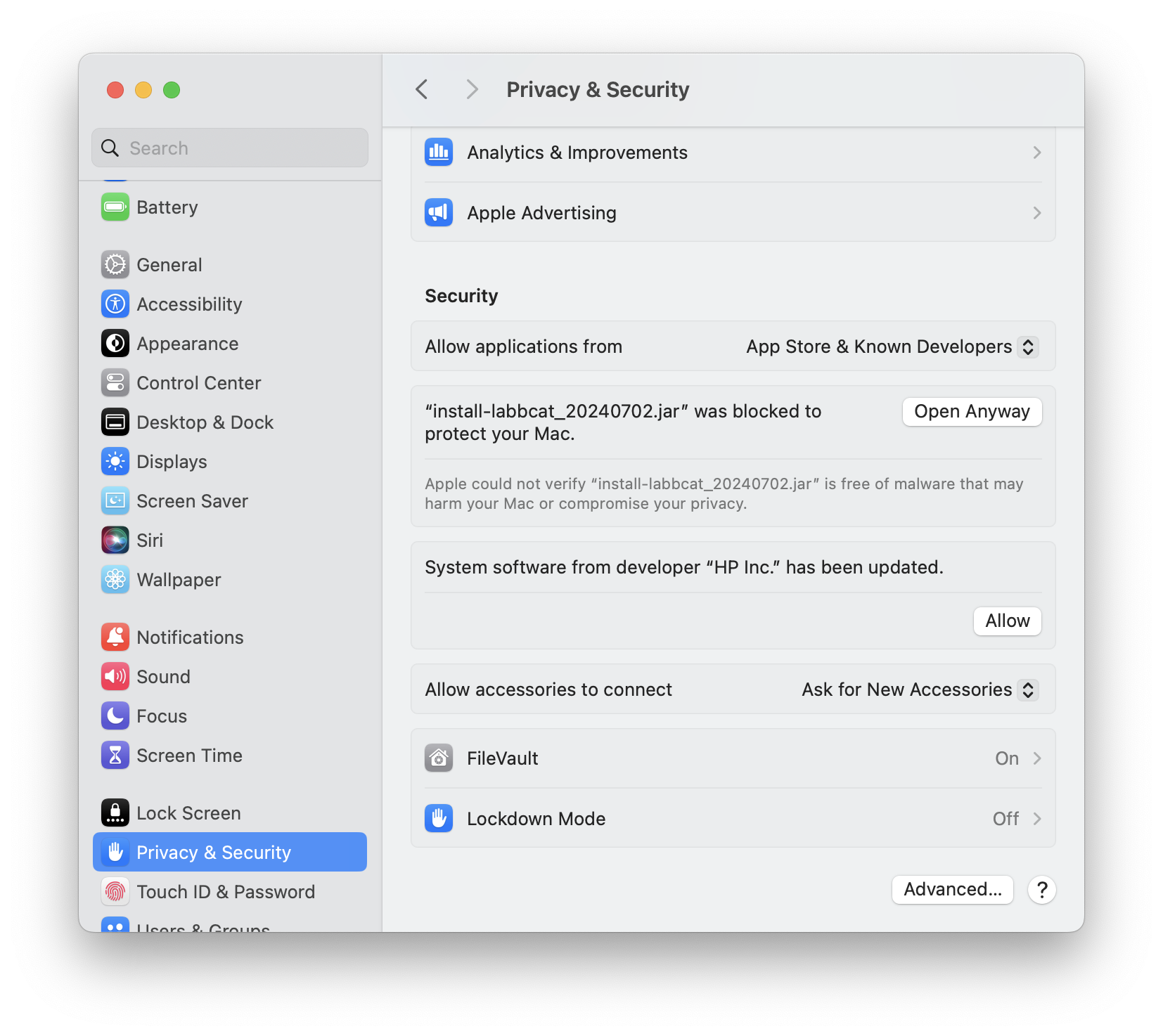 Privacy and Security: install-labbcat_yyyymmdd.jar was blocked to protect your Mac